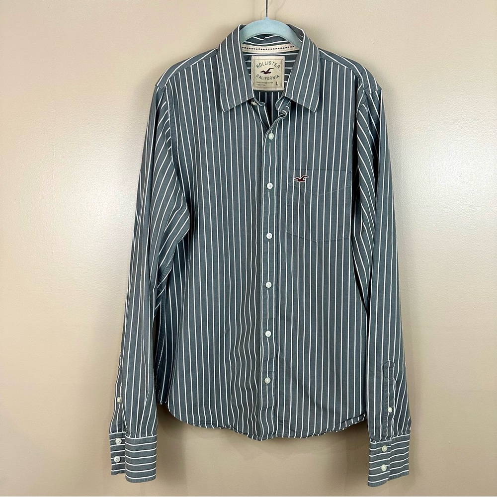 Hollister Gray & White Striped Cotton Button Up Long Sleeve Shirt Mens Large